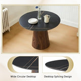 Faux Marble Round Dining Table for 4/5/6, 42" Modern Round Kitchen Table with Black Sintered Stone Top and Walnut