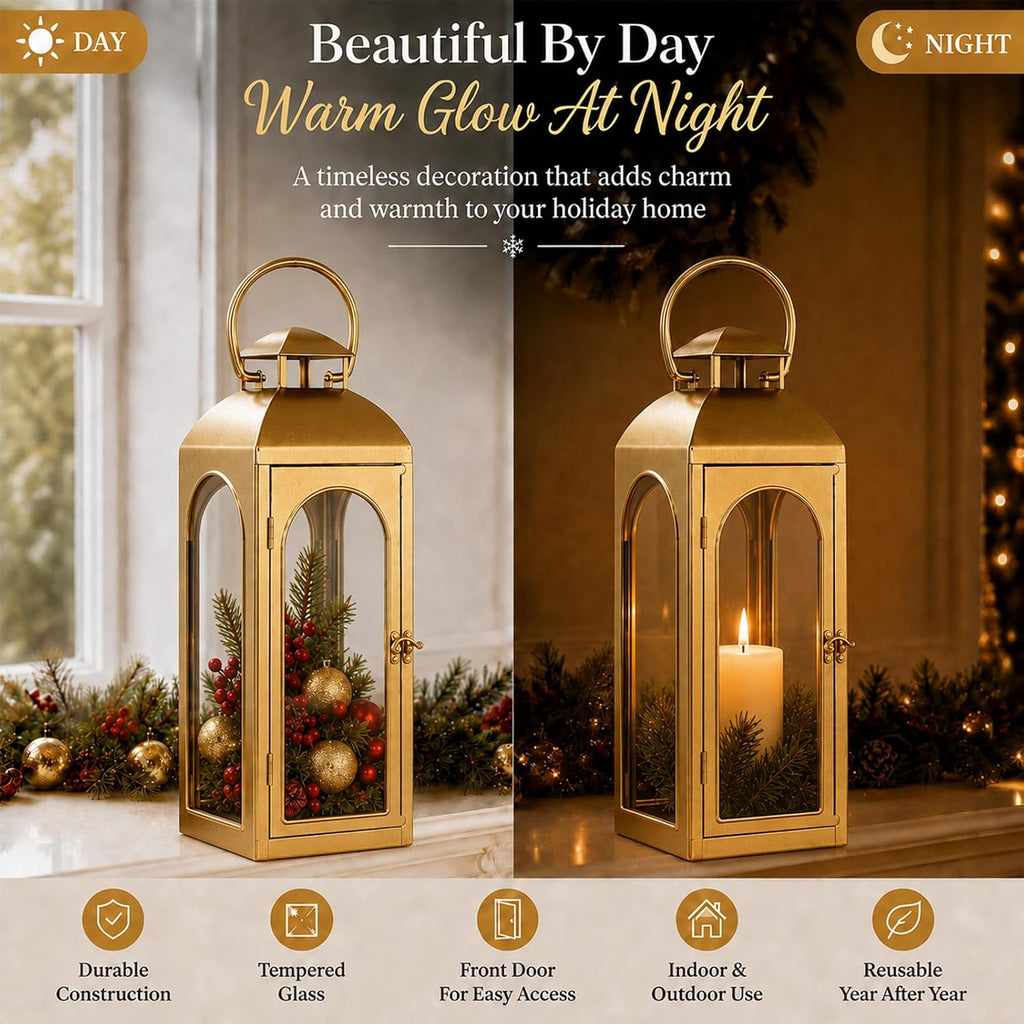 Christmas Decorative Lanterns Gold Metal Candle Holders 20 Inch 2 Pack