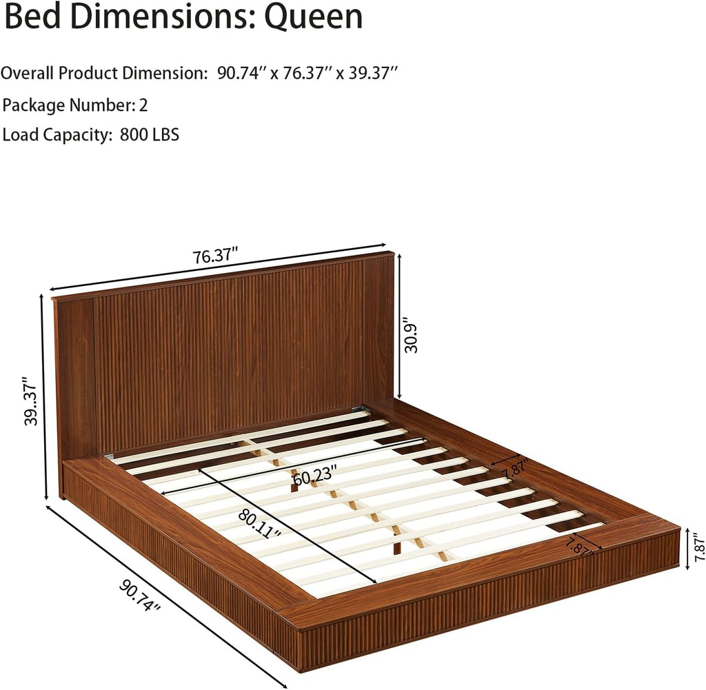 Japanese Wooden Floor Bed Frame Queen with Walnut Headboard