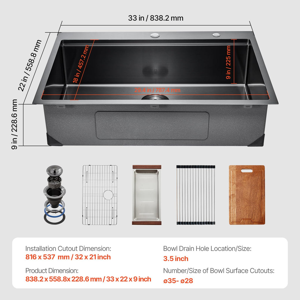 33 inches Kitchen Sink Workstation, Ledge and Multiple Accessories