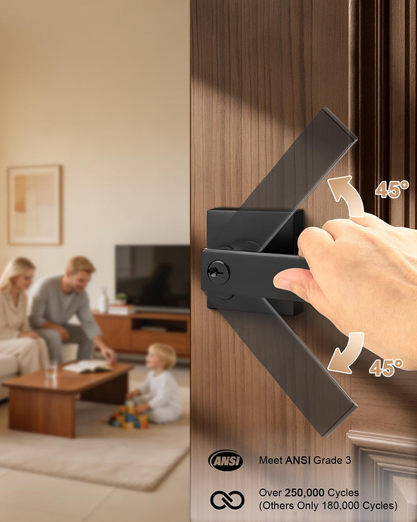 Entry Door Levers Matte Black with Different Keys, Heavy Duty Hardware for Exterior Front and Back Door,Lockable