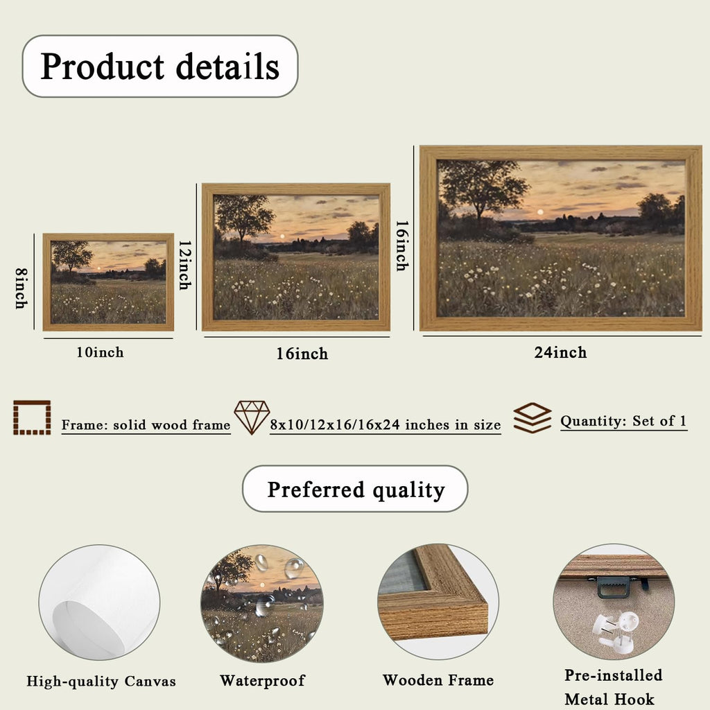 Vintage Framed Meadow Sunset Wall Art, Rustic Twilight Field Landscape Canvas Wall Decor Wildflowers Firefly Poster