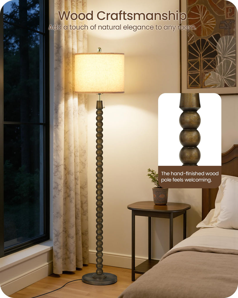 65" Solid Wood Beaded Floor Lamp with Pull Chain Switch, 3CCT, Walnut Green