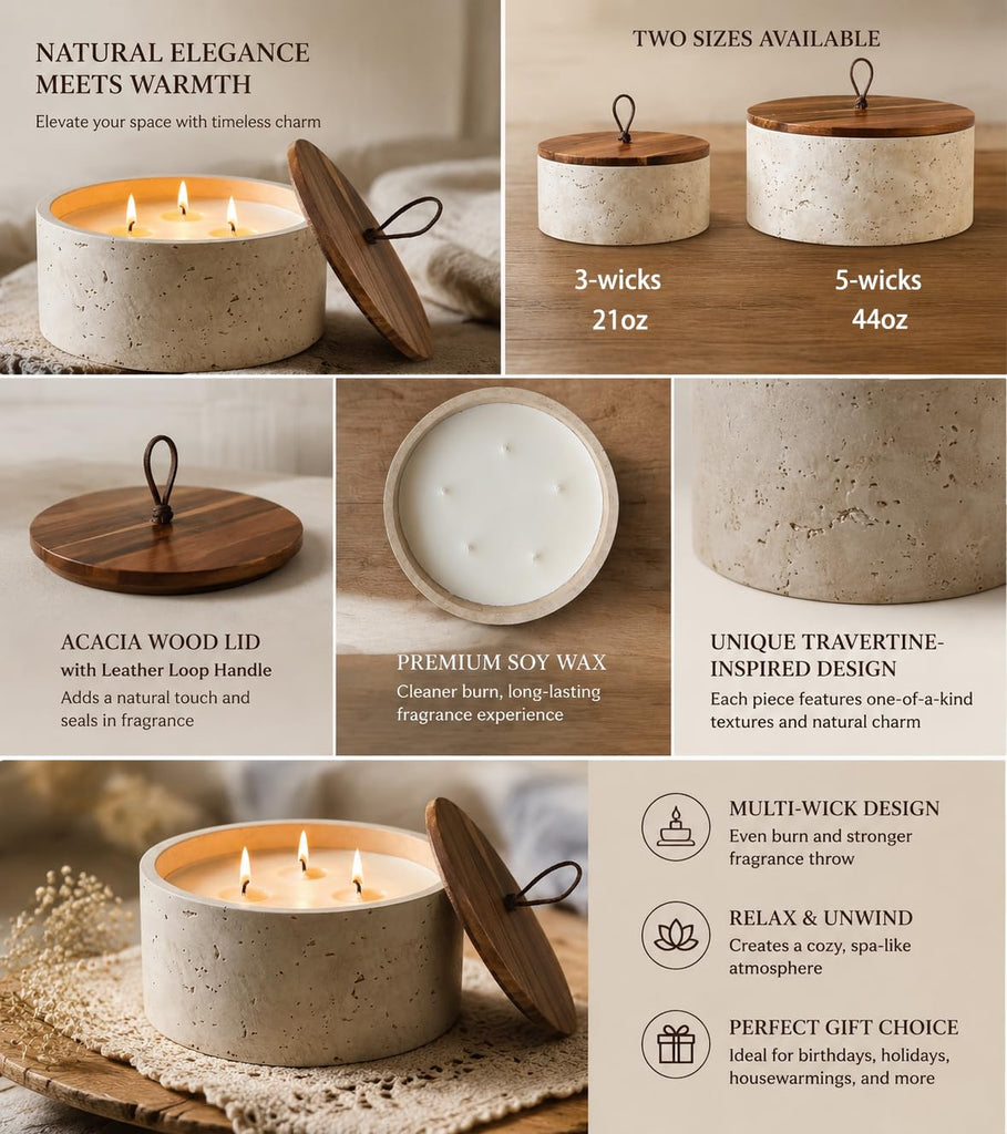 5-Wick 44oz Large Scented Candle-Sea Salt & Bergamot & Coconut, Soy Coconut Wax Blend Candle with Acacia Wood