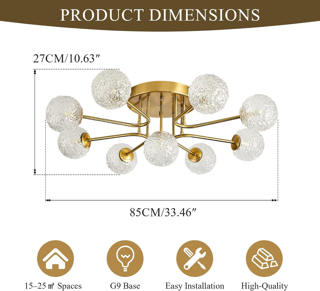 Sputnik Semi Flush Mount Ceiling Light Gold Glass Globe Chandelier Ceiling Lighting Mid Century Modern 9 Lights