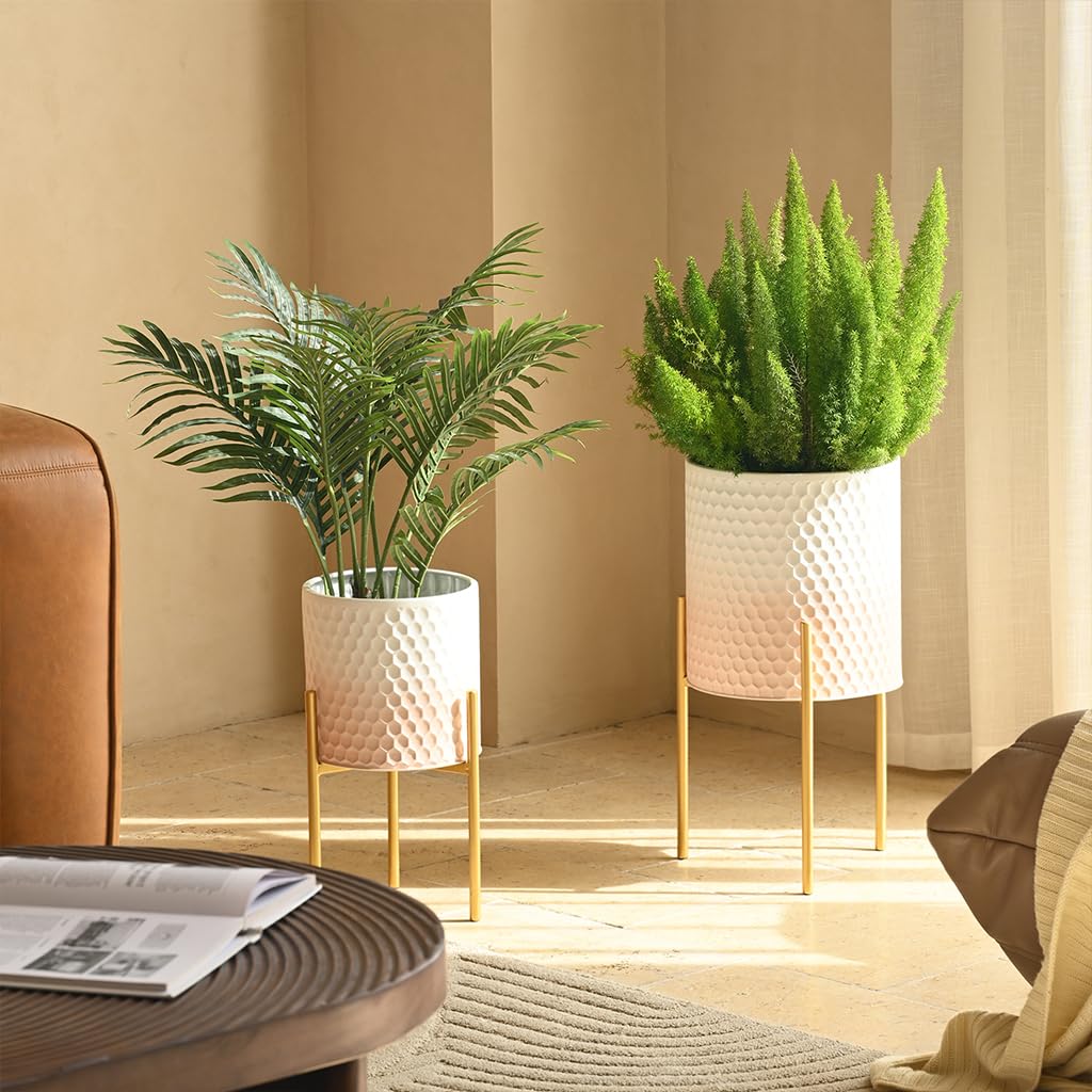 Modern Planter Pots, Set of 2 White Pink Planters with Stand, Decorative Planters, Metal Pots with Drainage Holes