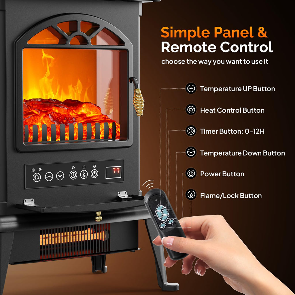 22.4"H Electric Fireplace Heater, 1500W Freestanding Fireplace Stove w/ 3D Flame Effect, Remote, Timer, Adjustable