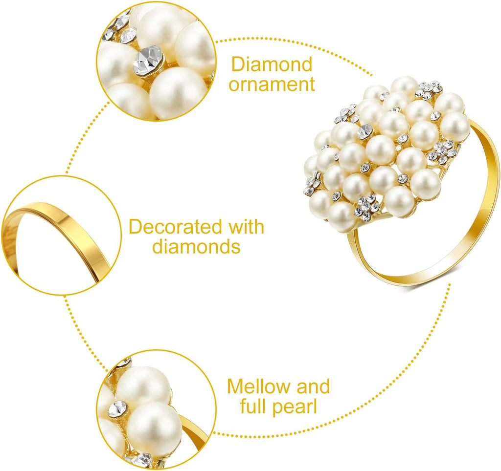 Gold Napkin Rings Pearls and Flower Napkin Buckles - Set of 12