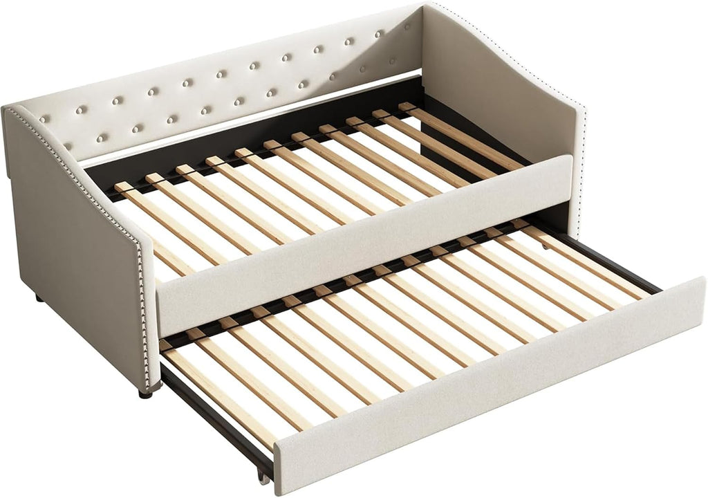 Twin Size Upholstered Daybed with Trundle | Twin Size Trundle,Button-Tufted Back, Piping on Waved-Shape Arms, Solid