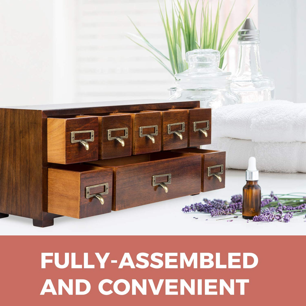Label Holder Organizer Traditional Medicine Cabinet - Desktop Wide & Small Cabinet w/ 8 Drawers - Tabletop Apothecary