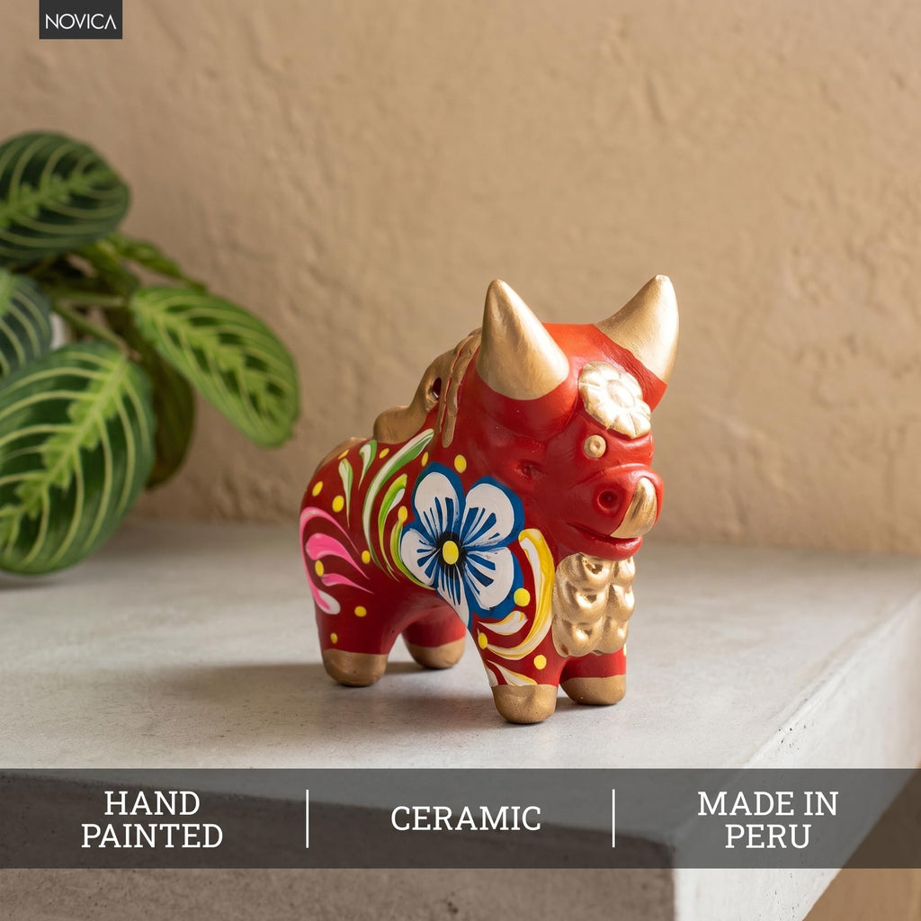 Artisan Handmade Ceramic Figurine Painted Pucar Bull Sculpture from Peru Metallic Red [2in H x 2.4in W x 1.2in D] '