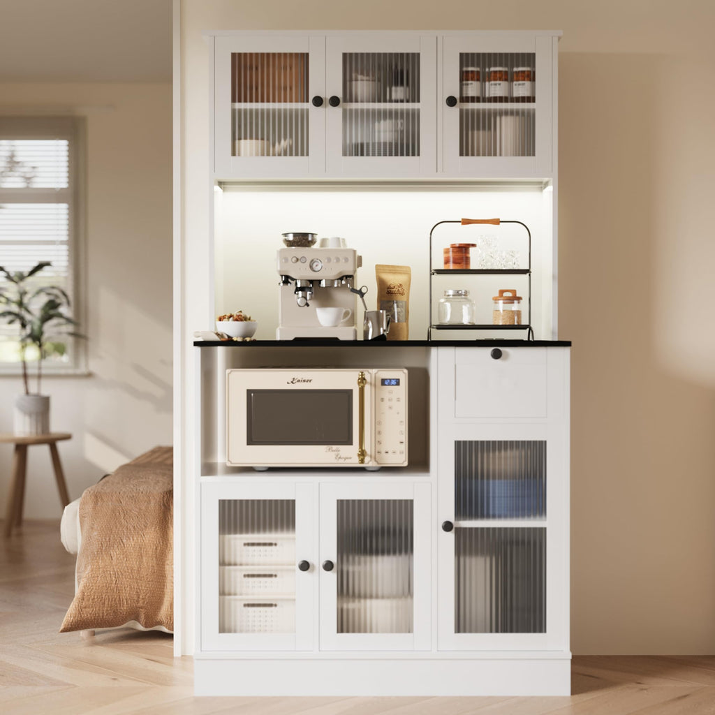 71" Kitchen Hutch Cabinet, White and Walnut Tabletop