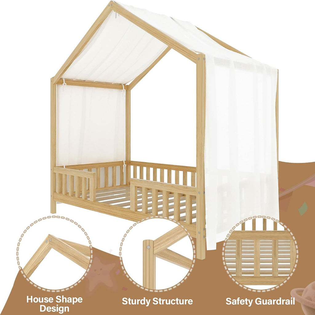 Tw Bed for Kids with High Rails, Montessori Floor Beds Twin with Roof & Canopy, Wood House Bed Frame for Boys Girls