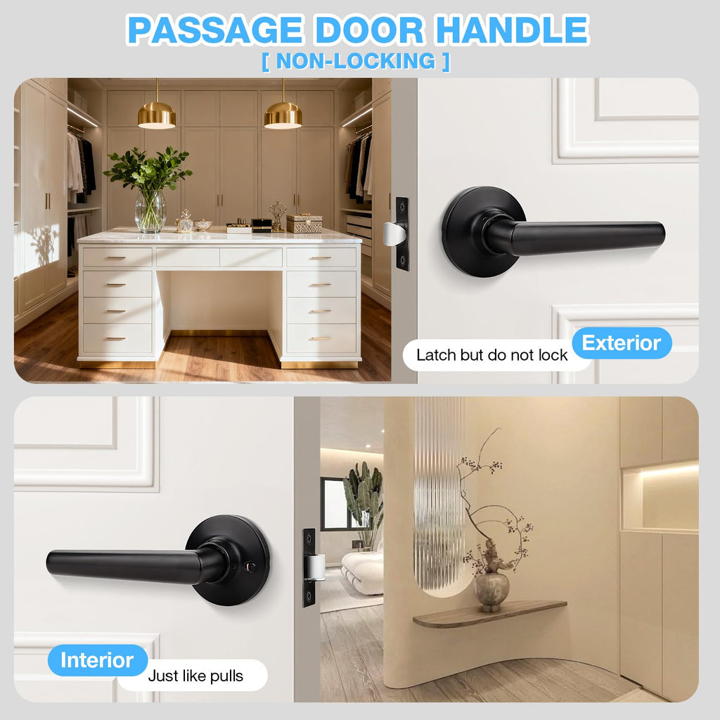 5 Pack Black Passage Door Handle, Matte Black Door Handles Interior, Heavy Duty Black Door Levers, Closet Door