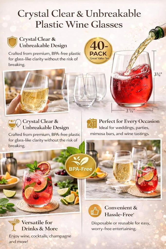 40 Pack 12 Ounce Stemless Unbreakable Plastic Wine Glasses (12 Ounces)
