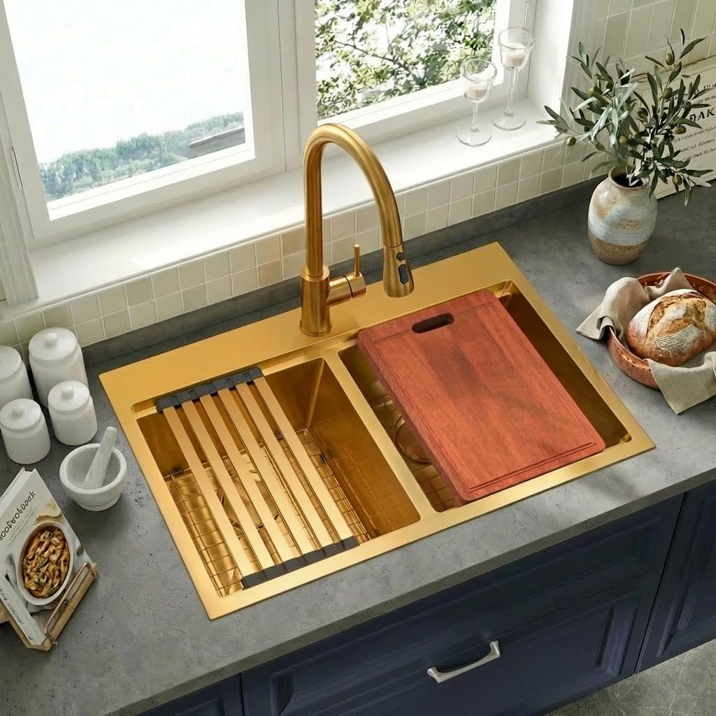 33x22 Drop Sink Double Bowl, Gold Kitchen Sink 33x22 with Smart Workstation & Built-In Accessories, Top Mount 16