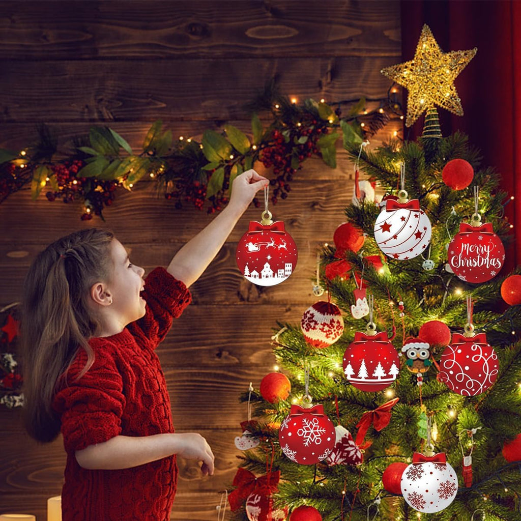 Red and White Christmas Ball Design Hanging Wooden Ornaments Set - Festive Winter Holiday Tree Decorations - Set of 12