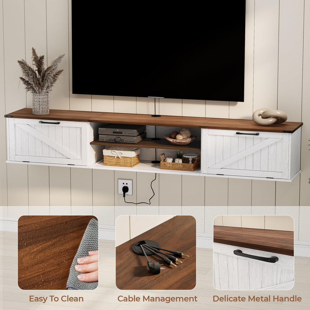 70" Farmhouse Floating TV Stand with Filp Doors for TVs up to 90", White