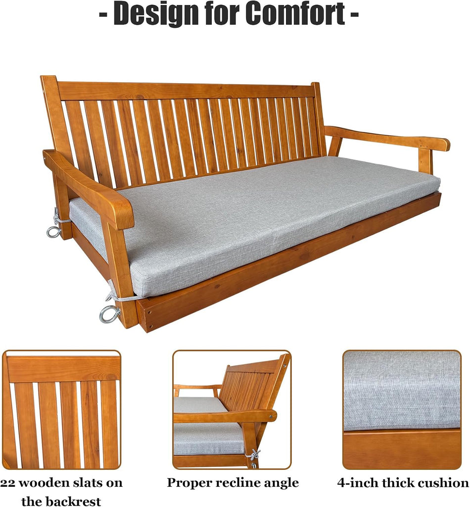 6 FT Wooden Porch Swing Bed with Thick Cushion - Outdoor Hanging Daybed or Porch, Solid Fir Wood Frame