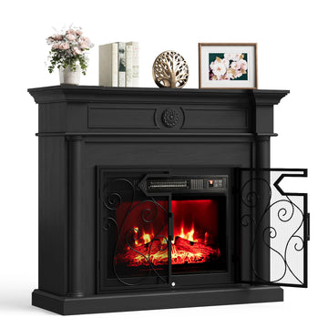 44" Electric Fireplace with Mantel & Retro Metal Screen Guard Door, Black