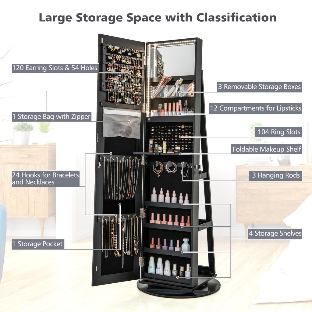 Swivel Jewelry Armoire, Full Length Mirror, Lockable, Black
