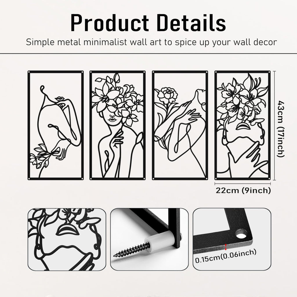 Black Metal Wall Art, Abstract Minimalist Floral Woman Wall Decor