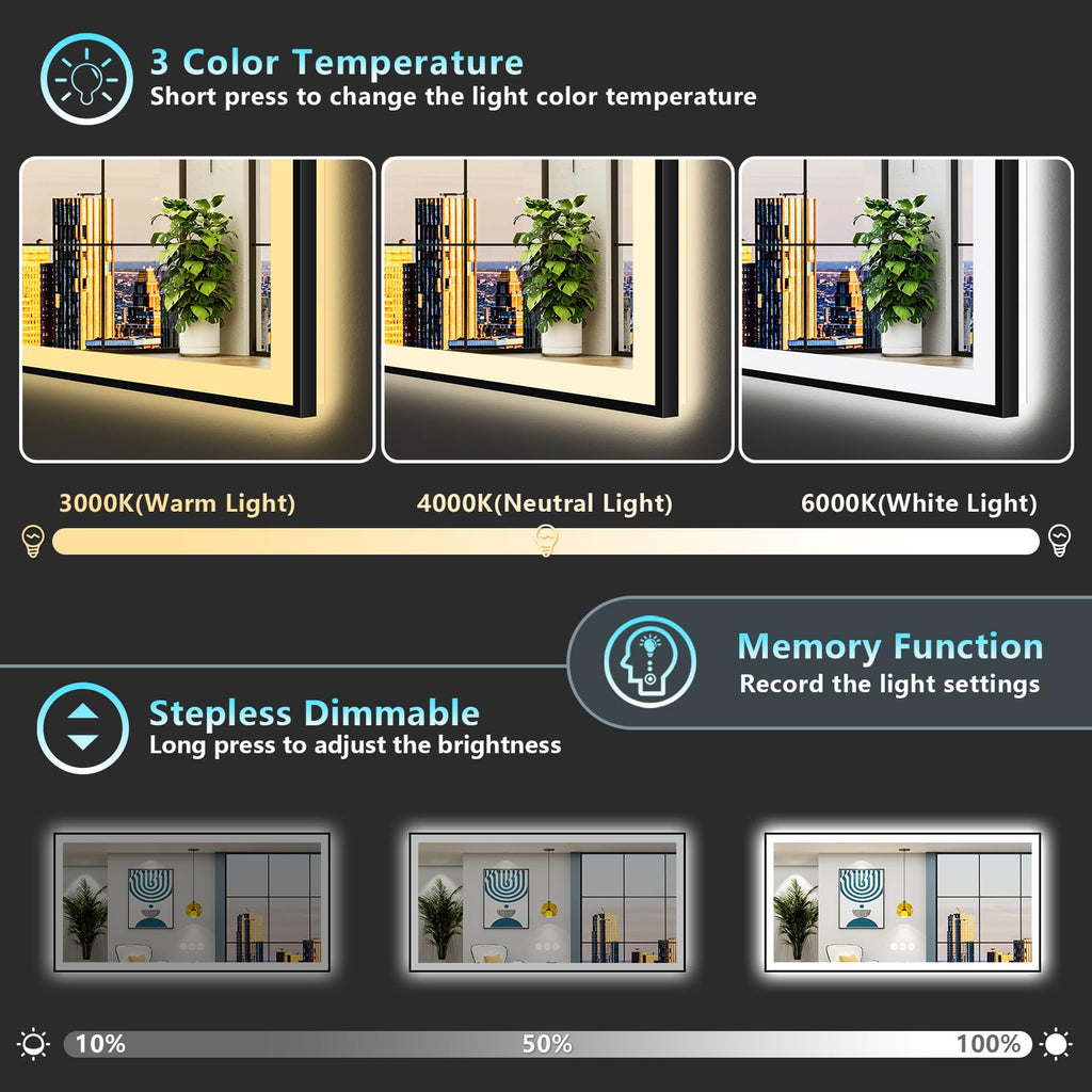 72x40 Black LED Bathroom Mirror, Backlit & Front Lit Lighted Mirror