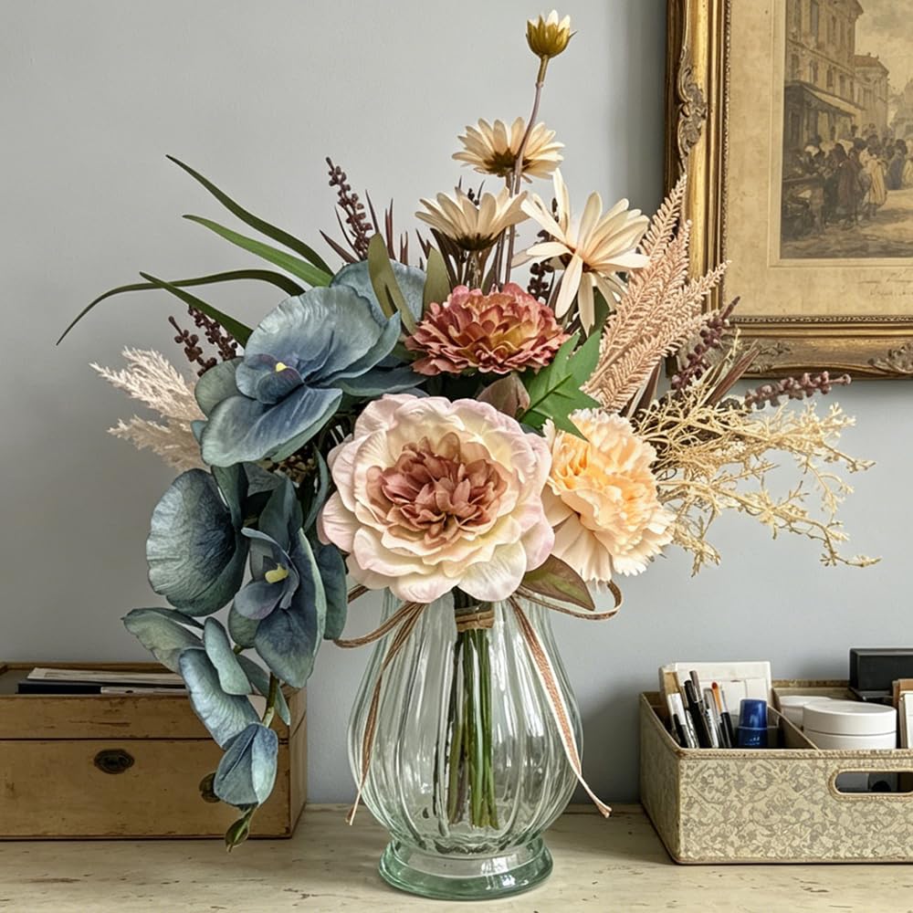 Faux Flowers with Vase, Artificial Orchid Flowers (Blue)