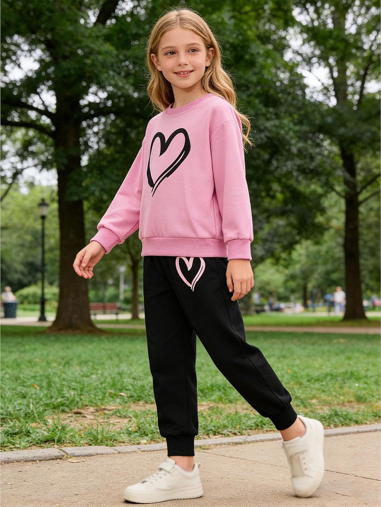 Graphic 4 Piece Outfits Heart Print Workout Hoodie and Sweatpants Fall Winter Clothing Set