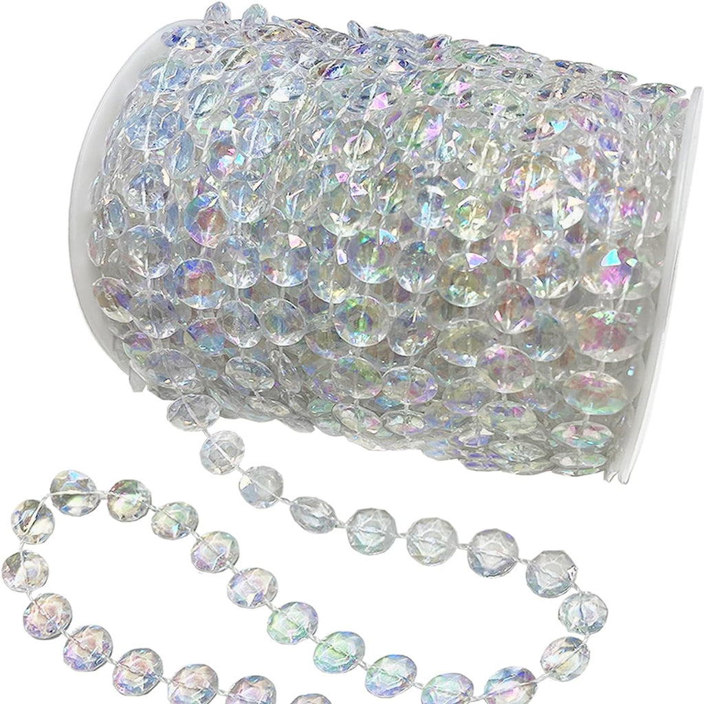 99ft Crystal Bead Garland for Christmas Tree Decorations, Iridescent Acrylic Beaded Garland Strand Roll