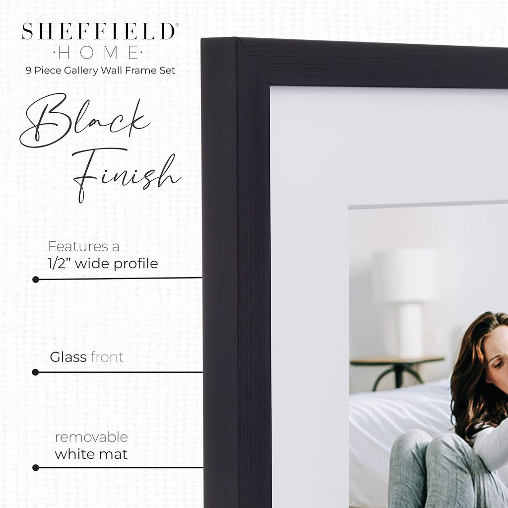 9 Piece Gallery Wall Frame Set, 11x14 in. matted to 8x10 in. (Matte Black)