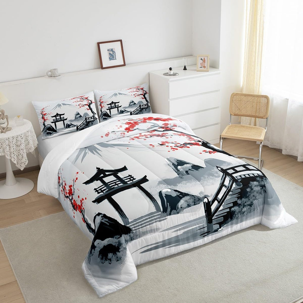 Japanese Cherry Comforter Set Queen Size 3 Piece Bedding Set