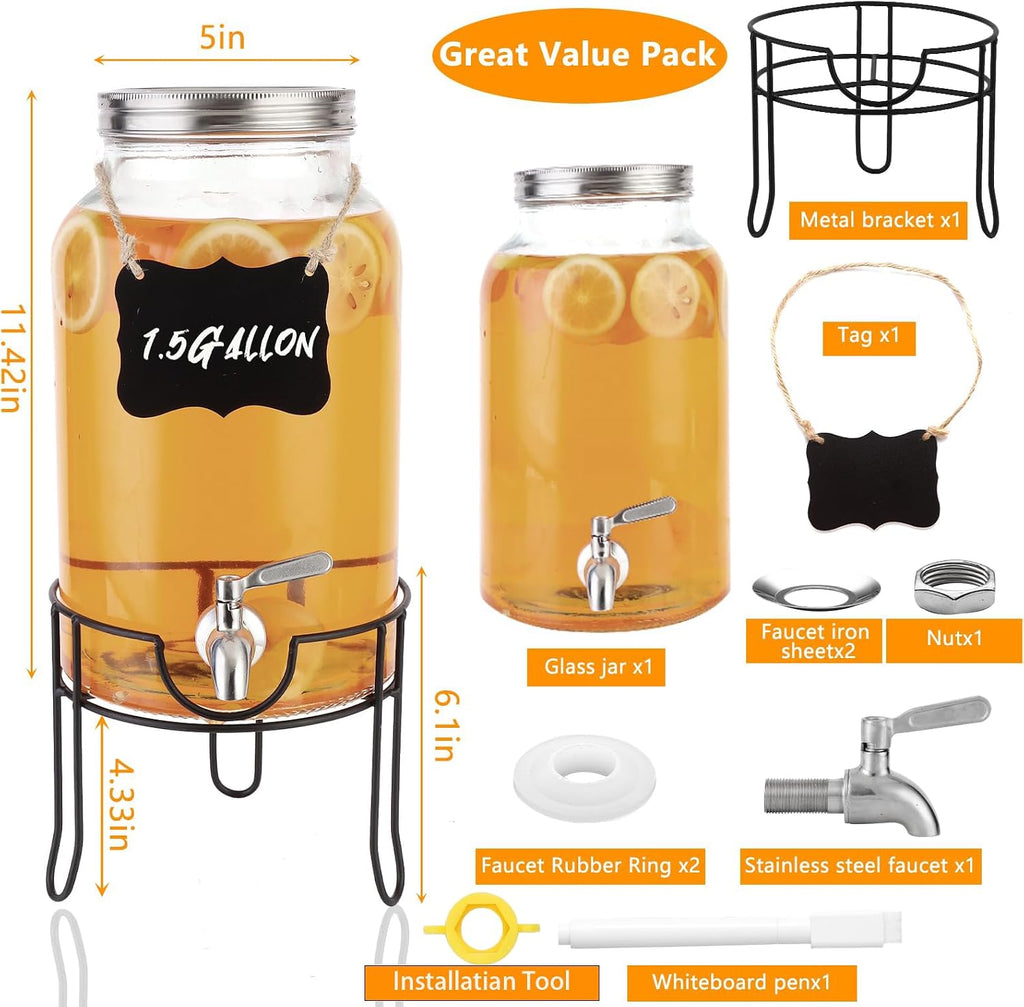 1.5 Gallon with Stand and Lid for Parties,Glass Drink Dispenser with Stainless Steel Leakproof Spigot,Mason Jar Drink