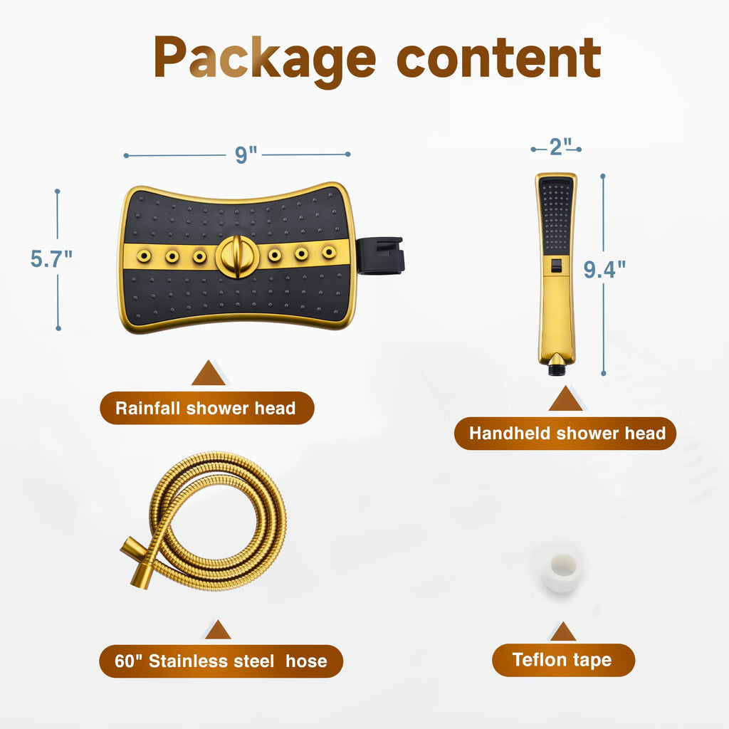Dual Shower Head with Handheld, High Pressure Rainfall Shower Head Combo, 60-Inch Stainless Steel Hose, Brushed Gold