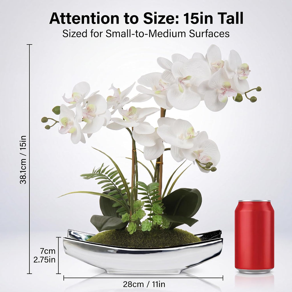 15" White Faux Orchid Arrangement in Silver Boat Pot Table Decor
