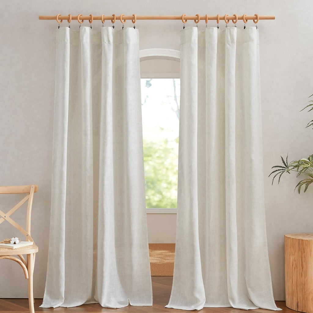 120 inch Curtains Linen Blend, Rod Pocket & Back Tab Natural Linen Burlap Semi Sheer Window Treatments Privacy with