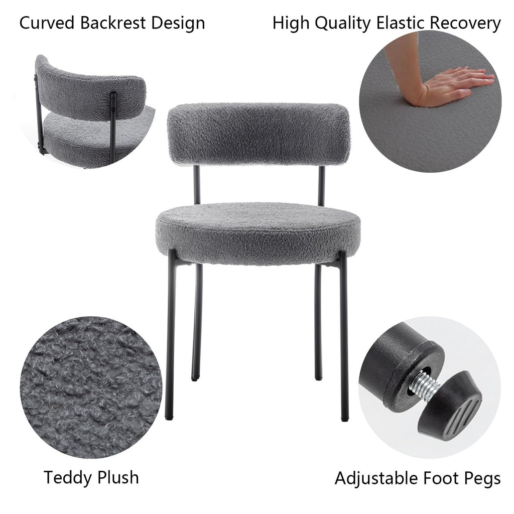 Grey Boucle Set of 6, Upholstered Dining Room Chairs with Black Metal Legs, Modern Dining Chair