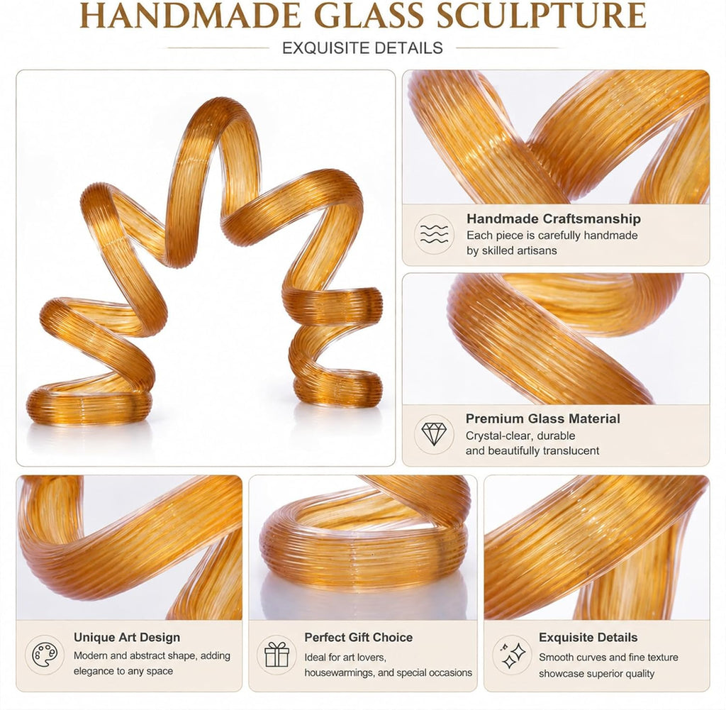 Hand Blown Glass Sculpture, Abstract Art Home Office Shelf Decor, 7.9" L x 5.5" H