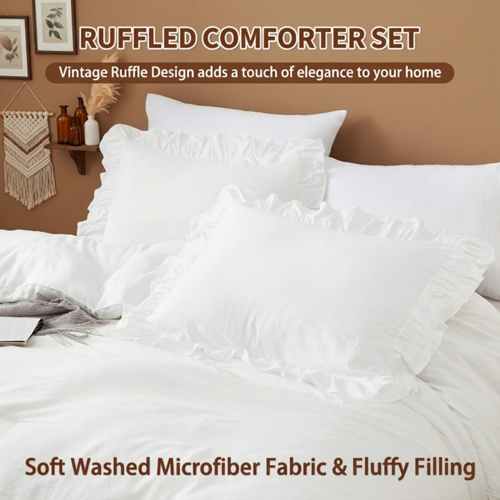 White Ruffled King Size Comforter Set, 3PCS Soft Washed Microfiber Lightweight & Fluffy All-Season Bedding Comforter