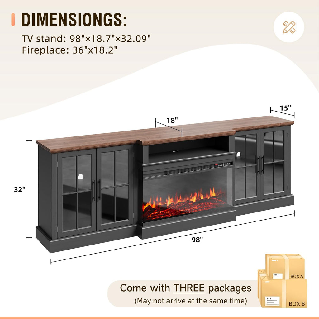 98" Farmhouse TV Stand with Fireplace, Black & Black