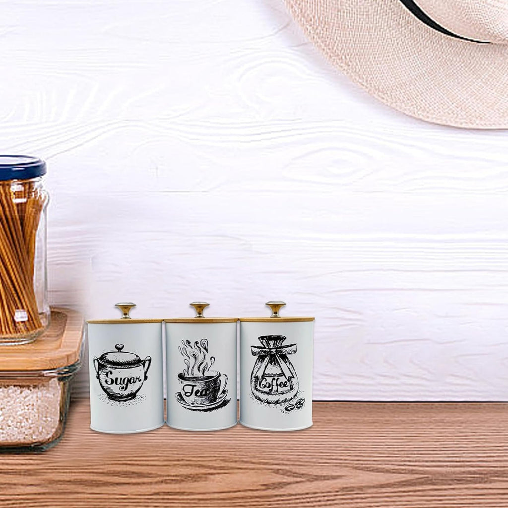 3-Piece Kitchen Canister Set for Coffee Tea Sugar, Iron and Bamboo Countertop Storage Jars with Dustproof Lids - Set of 3