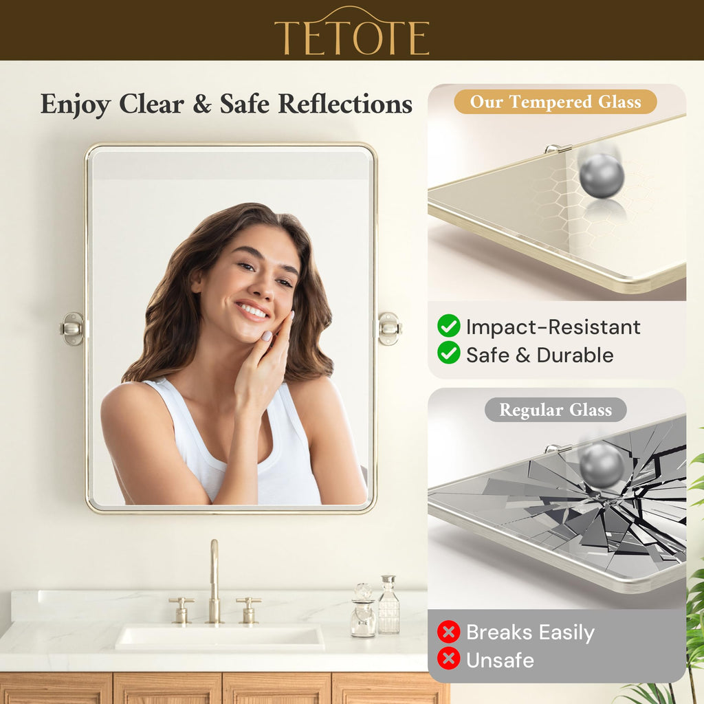 Brushed Nickel Pivot Rectangle Bathroom Vanity Mirror 24 x 36 Tilt Beveled Mirror, Pivoting Metal Framed Tempered
