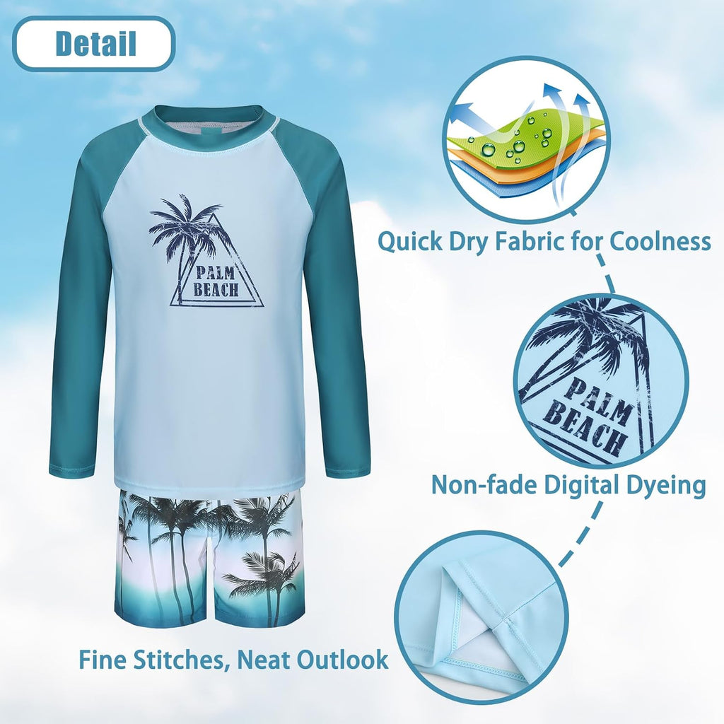 Boys Two Piece Rash Guard Swimsuits Set with Swim Trunk Kids Long Sleeve Bathing Suit Swimwear Set