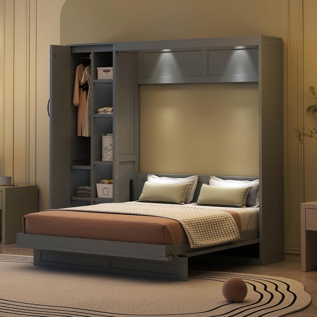 Full Murphy Bed Wall Bed with Shelves, Drawers and LED Lights,Gray