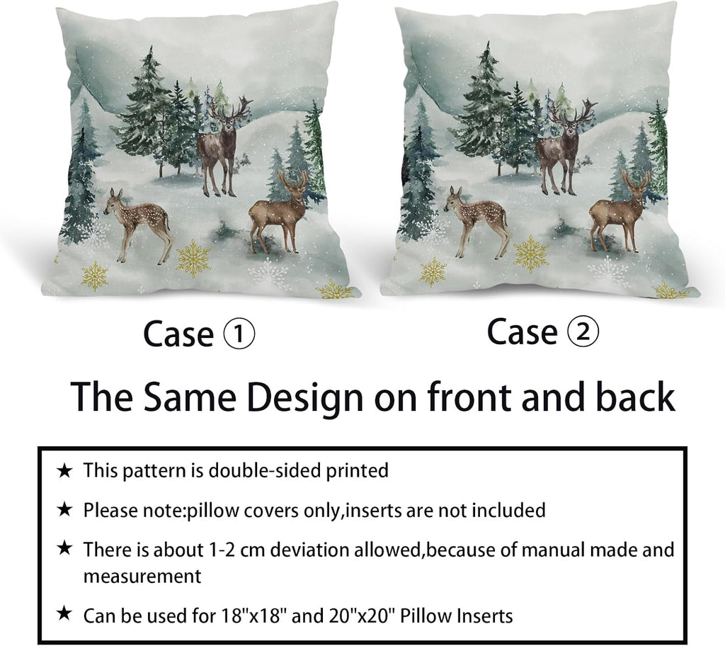 Christmas Pillow Covers 18X18 Inch Winter Watercolor Deer Trees Snowflakes Decorative Square Pillow Cases - Set of 2