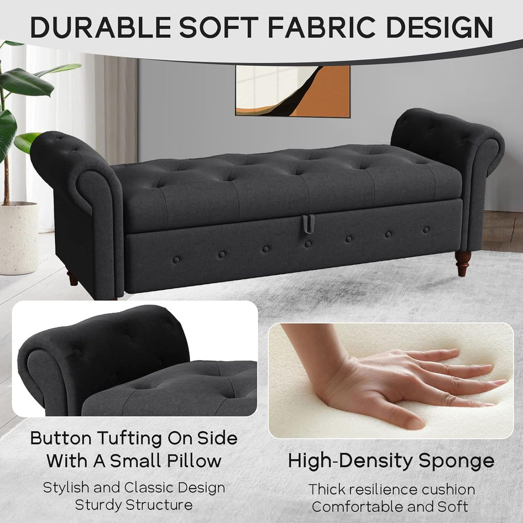 63'' Storage Ottoman Bench, Tufted Entryway Bench Grey Polyster | Button Tufted End of Bed, Large Storage Space
