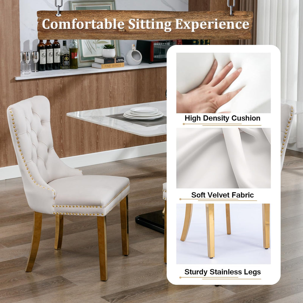 47.2" Round Dining Table Set for 6, White Faux Marble Kitchen Table & 6 Beige Velvet Chairs with Gold Stainless Steel