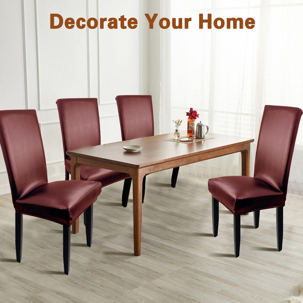 Wine Red Leather Chair Covers for Dining Chairs Set of 6, Faux Leather Dining Chair Cover Removable Wipeable Parson