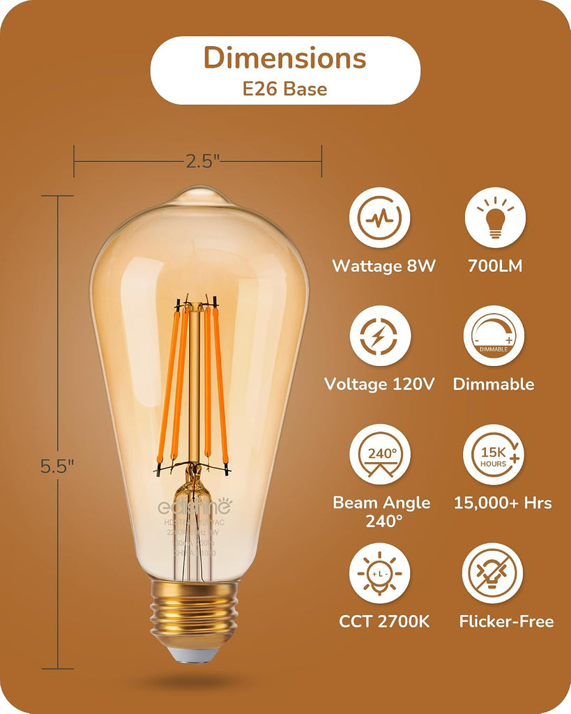 6 Pack Vintage LED Edison Bulbs ST64 Dimmable Led Light Bulb 2200K