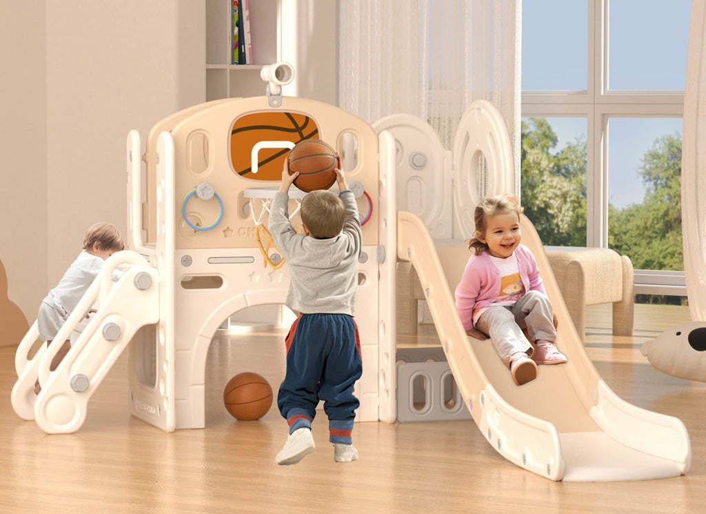 Toddler Slide Set, 9 in 1 Indoor Outdoor Playset for 1-3, Beige Brown